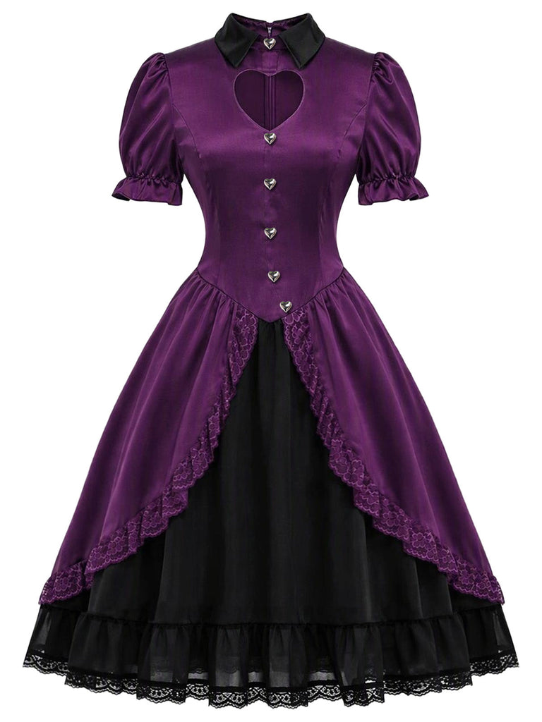 Dunkellila 40er Gothic-Lolita Satinkleid mit Herz-Cut-out