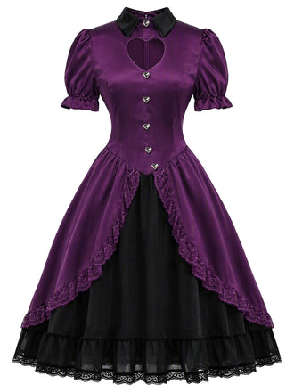 Dunkellila 40er Gothic-Lolita Satinkleid mit Herz-Cut-out