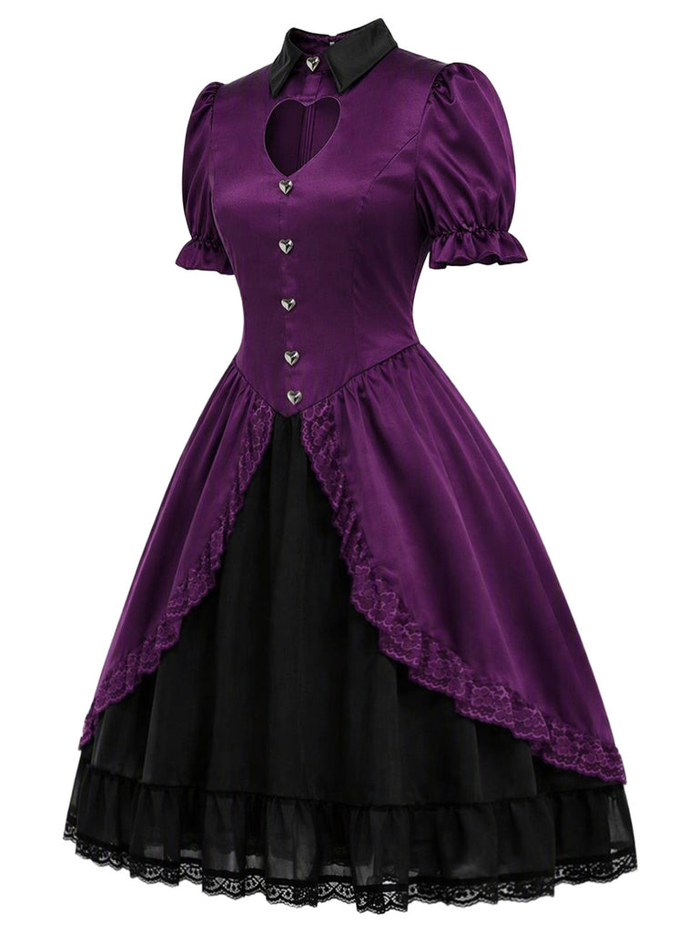 Dunkellila 40er Gothic-Lolita Satinkleid mit Herz-Cut-out