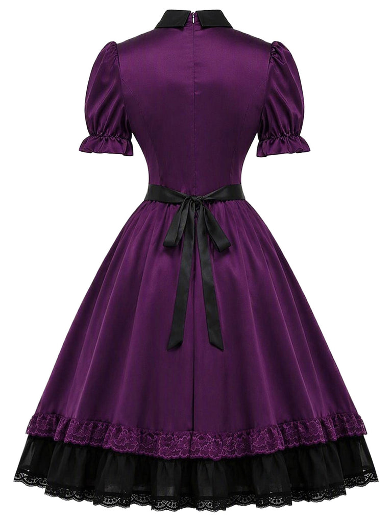 Dunkellila 40er Gothic-Lolita Satinkleid mit Herz-Cut-out