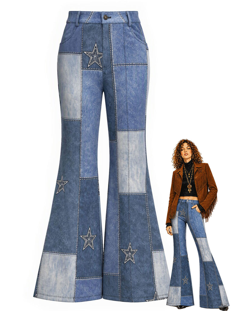 Dunkelblaue 70er Schlaghose mit Stern-Patchwork und Denim-Print