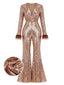 [Vorverkauf] Brauner 70er Disco-Schlagjumpsuit mit tiefem V-Ausschnitt, Pailletten und Kunstfellbesatz