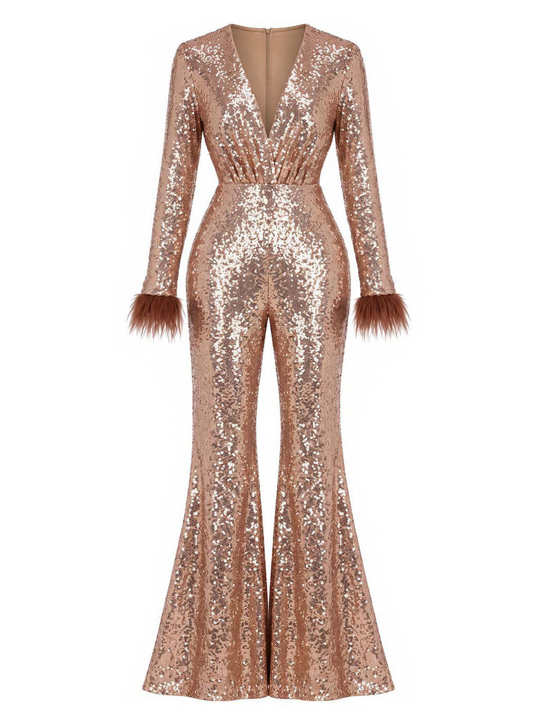 Brauner 70er Disco-Schlagjumpsuit mit tiefem V-Ausschnitt, Pailletten und Kunstfellbesatz
