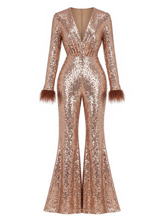 Brauner 70er Disco-Schlagjumpsuit mit tiefem V-Ausschnitt, Pailletten und Kunstfellbesatz