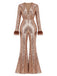 Brauner 70er Disco-Schlagjumpsuit mit tiefem V-Ausschnitt, Pailletten und Kunstfellbesatz