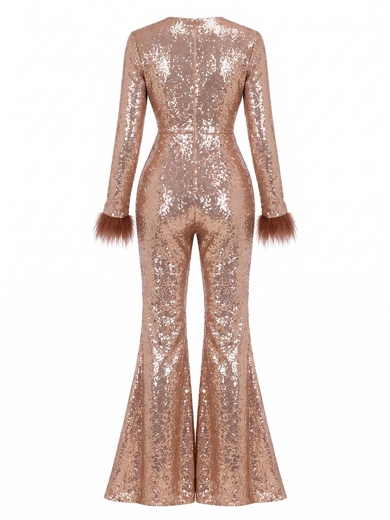 Brauner 70er Disco-Schlagjumpsuit mit tiefem V-Ausschnitt, Pailletten und Kunstfellbesatz