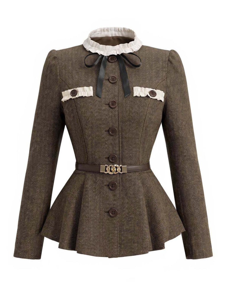 Hellbrauner gegürteter 40er Fischgrät-Blazer mit Stehkragen und Rüschen