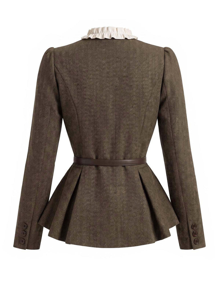 Hellbrauner gegürteter 40er Fischgrät-Blazer mit Stehkragen und Rüschen