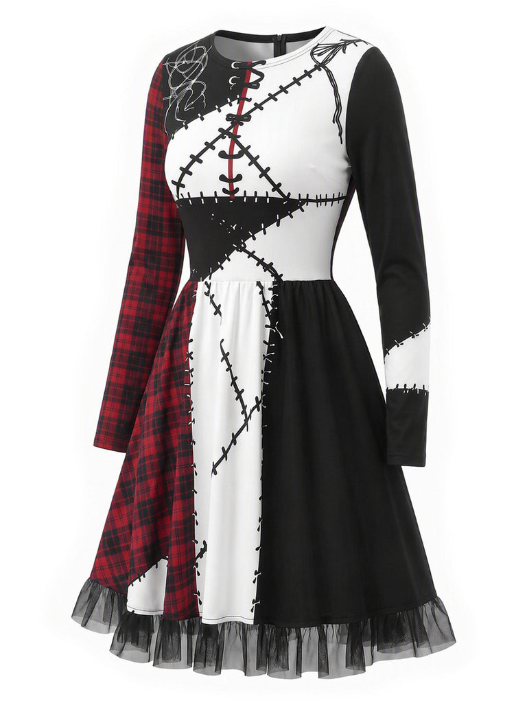 Mehrfarbiges 70er Kleid mit Karo-Patchwork-Print und Mesh-Besatz