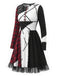 Mehrfarbiges 70er Kleid mit Karo-Patchwork-Print und Mesh-Besatz