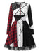 Mehrfarbiges 70er Kleid mit Karo-Patchwork-Print und Mesh-Besatz