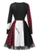 Mehrfarbiges 70er Kleid mit Karo-Patchwork-Print und Mesh-Besatz