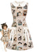 Beige 60er Kleid mit Katzen-Postkarten-Print und Peter-Pan-Kragen