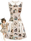 [Vorverkauf] Beige 60er Kleid mit Katzen-Postkarten-Print und Peter-Pan-Kragen