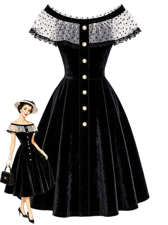 Schwarzes 50er schulterfreies Samtkleid mit Polka-Dots