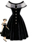 [Vorverkauf] Schwarzes 50er schulterfreies Samtkleid mit Polka-Dots