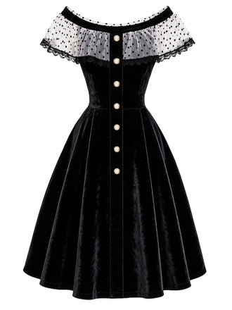 Schwarzes 50er schulterfreies Samtkleid mit Polka-Dots