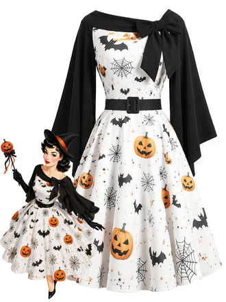 50er Cape-Kleid mit Kürbis-Fledermaus-Spinnennetz-Print