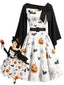 [Vorverkauf] 50er Cape-Kleid mit Kürbis-Fledermaus-Spinnennetz-Print