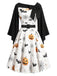 50er Cape-Kleid mit Kürbis-Fledermaus-Spinnennetz-Print