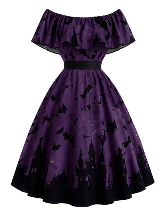 50er schulterfreies Swingkleid mit Fledermaus-Schloss-Print