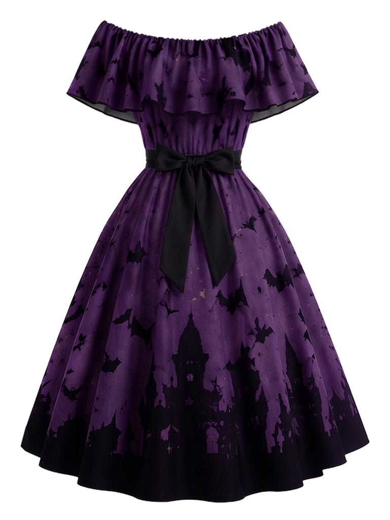 50er schulterfreies Swingkleid mit Fledermaus-Schloss-Print