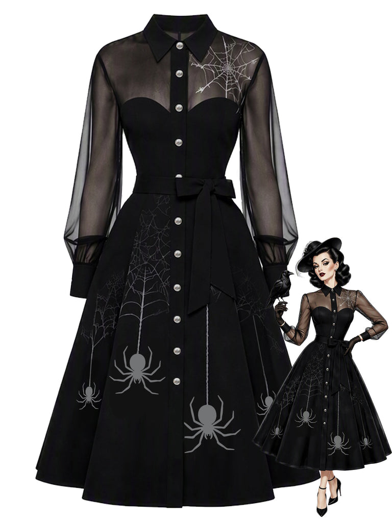 Schwarzes 50er Kleid mit Spinnennetz-Print und Mesh-Patchwork