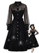Schwarzes 50er Kleid mit Spinnennetz-Print und Mesh-Patchwork