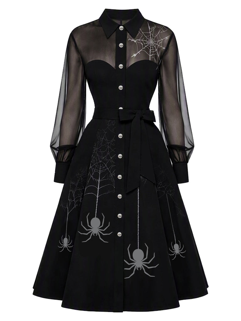 Schwarzes 50er Kleid mit Spinnennetz-Print und Mesh-Patchwork
