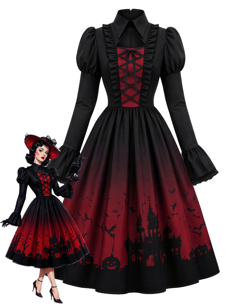 50er Gothic Kleid mit Fledermausprint und Schnürung