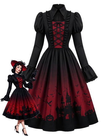 50er Gothic Kleid mit Fledermausprint und Schnürung