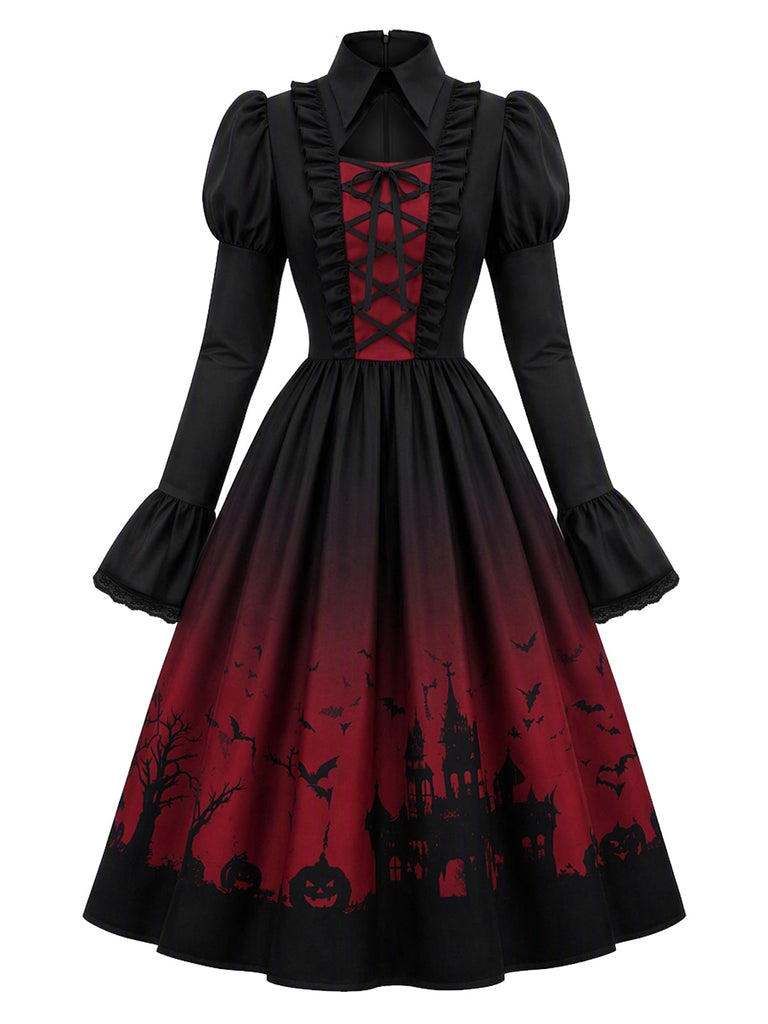 50er Gothic Kleid mit Fledermausprint und Schnürung