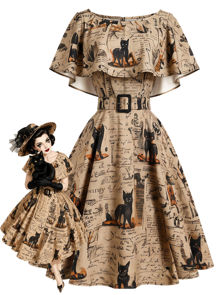 50er Capeletkleid mit Katzen-Zeitungsprint und Gürtel