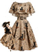 50er Capeletkleid mit Katzen-Zeitungsprint und Gürtel