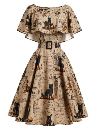 50er Capeletkleid mit Katzen-Zeitungsprint und Gürtel