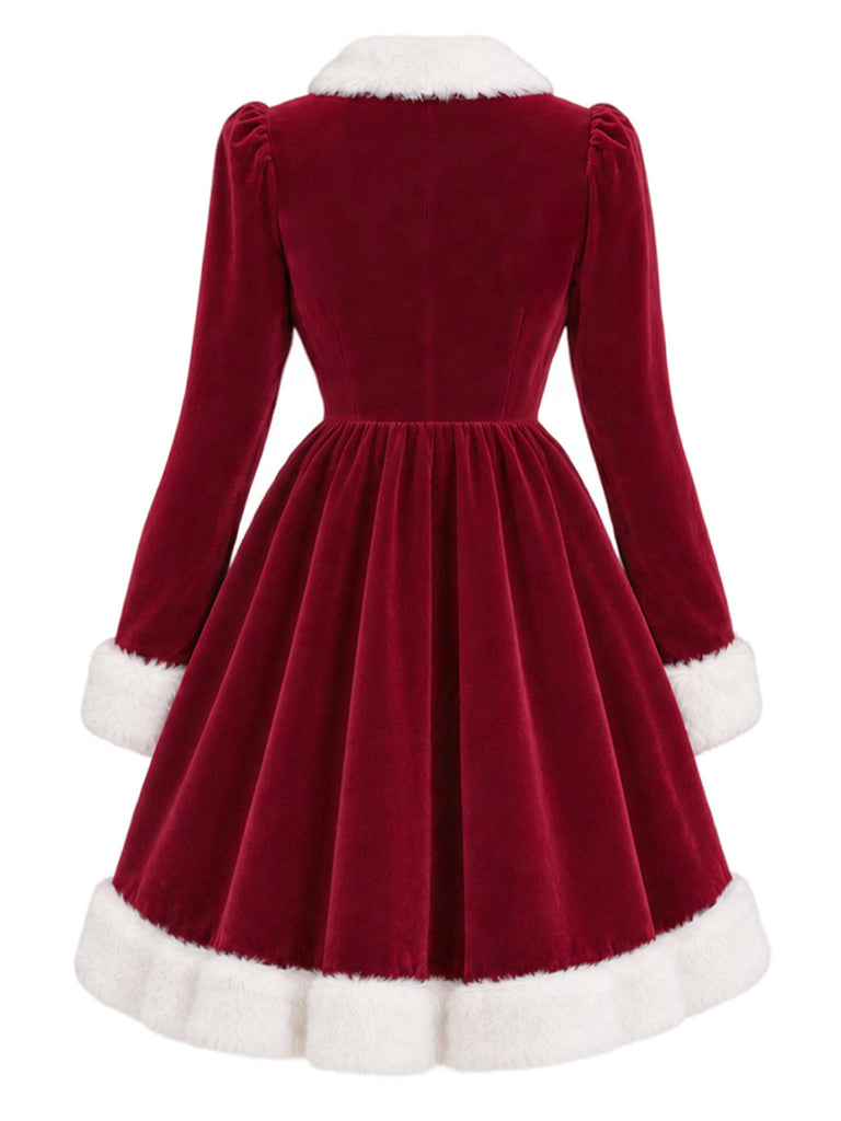 [Vorverkauf] Rotes & weißes 50er Weihnachts-Samtkleid mit Flauschbesatz und Schleife