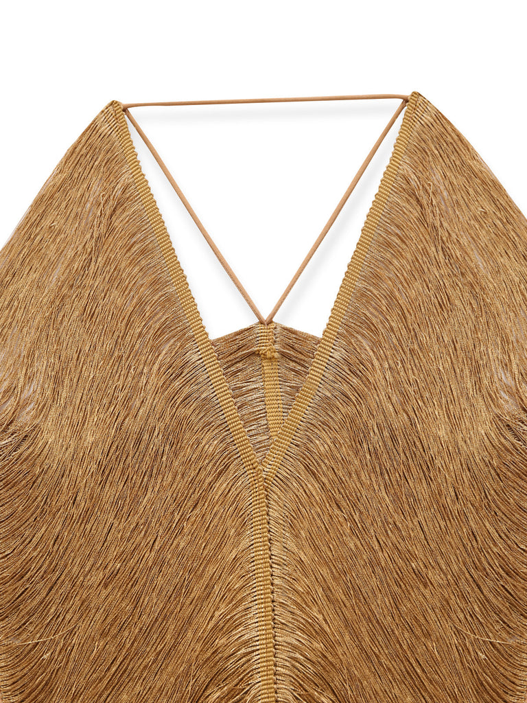 Goldenes 30er Neckholder-Maxi-Abendkleid mit Fransen und Rückenschlitz