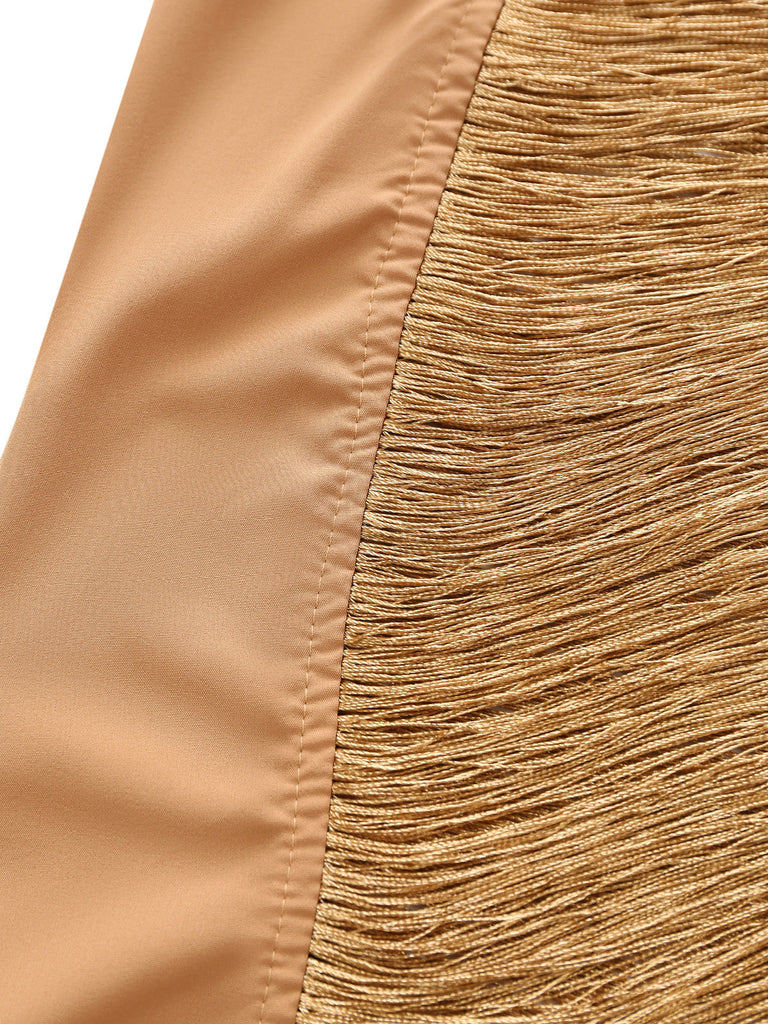 Goldenes 30er Neckholder-Maxi-Abendkleid mit Fransen und Rückenschlitz