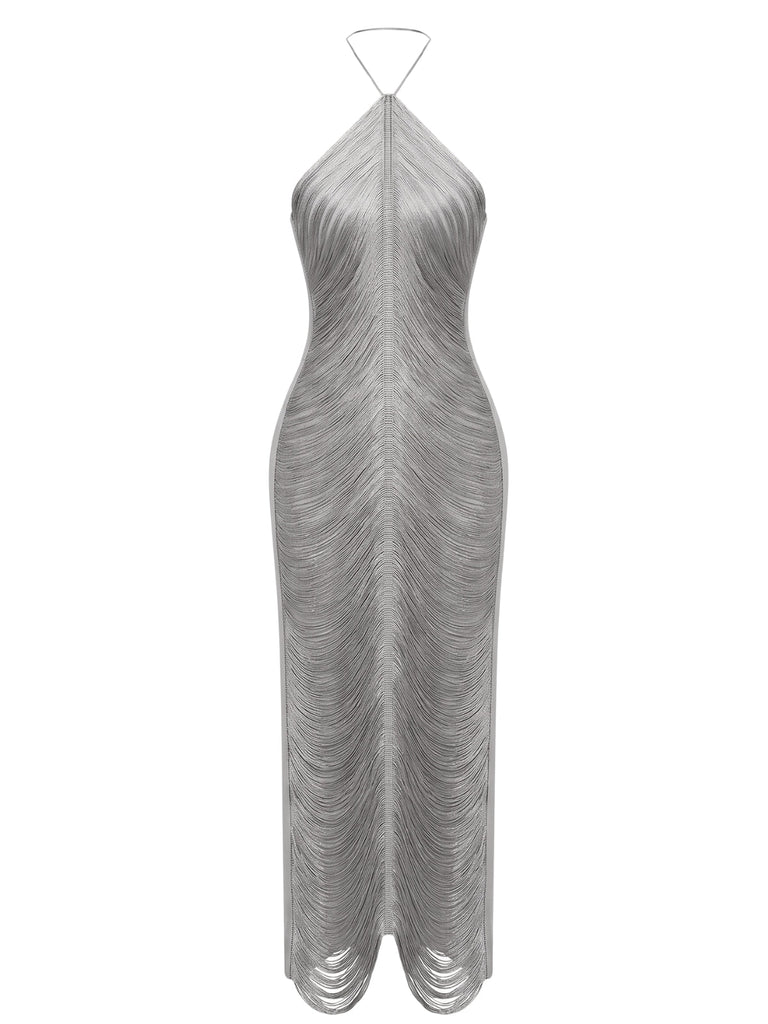 Goldenes 30er Neckholder-Maxi-Abendkleid mit Fransen und Rückenschlitz