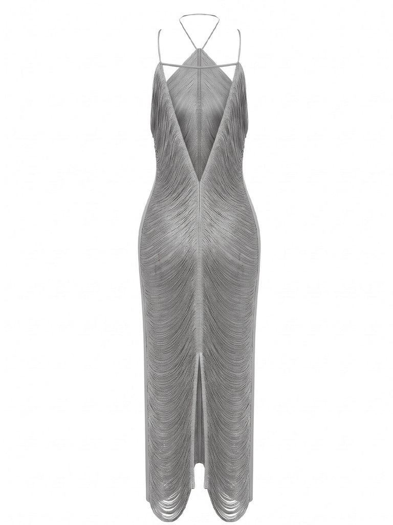 Goldenes 30er Neckholder-Maxi-Abendkleid mit Fransen und Rückenschlitz