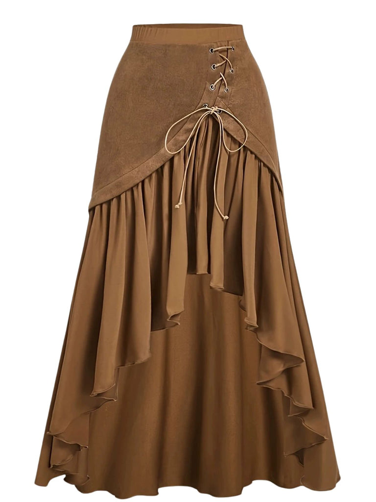 70er Boho Wildleder-Maxirock mit Schnürung und asymmetrischem Saum
