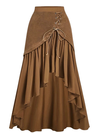 70er Boho Wildleder-Maxirock mit Schnürung und asymmetrischem Saum