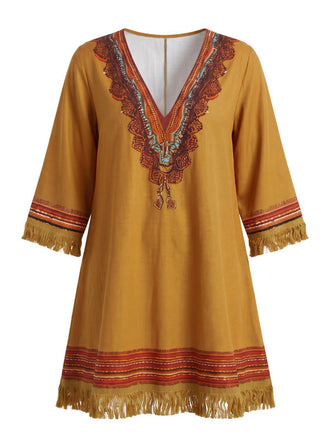 Braunes 70er Boho Kleid mit V-Ausschnitt und Fransen