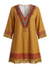 Braunes 70er Boho Kleid mit V-Ausschnitt und Fransen