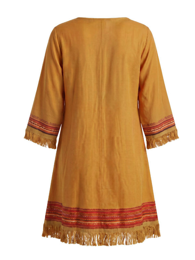 Braunes 70er Boho Kleid mit V-Ausschnitt und Fransen