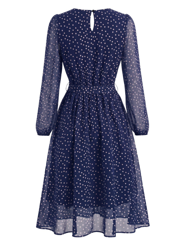 Bordeauxrotes 40er Chiffonkleid mit Polka-Dots und Bindegürtel