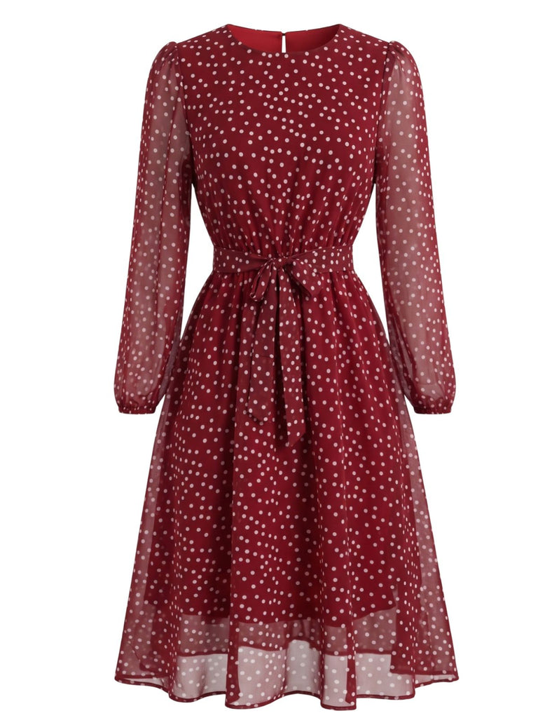Bordeauxrotes 40er Chiffonkleid mit Polka-Dots und Bindegürtel