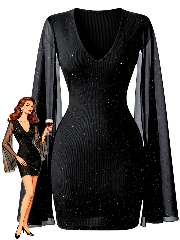 Schwarzes 60er Bodycon-Minikleid mit Strasssteinen und Capeärmeln