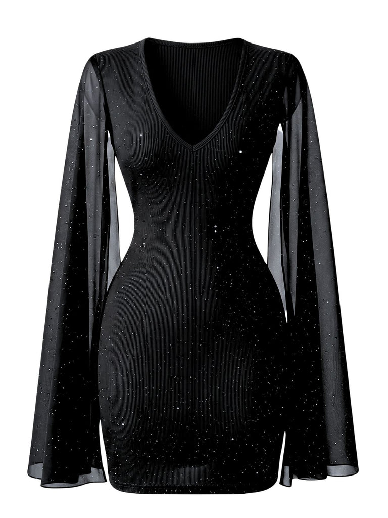 Schwarzes 60er Bodycon-Minikleid mit Strasssteinen und Capeärmeln