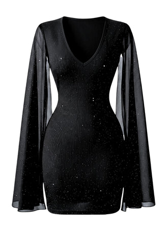 Schwarzes 60er Bodycon-Minikleid mit Strasssteinen und Capeärmeln
